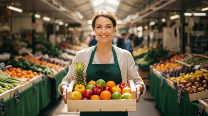 Smiling woman holding a crate of fresh fruits at the local market - Powered by Adobe