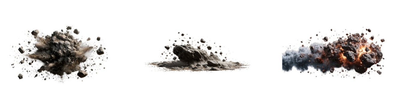 Rock fragments explode with dust and debris
