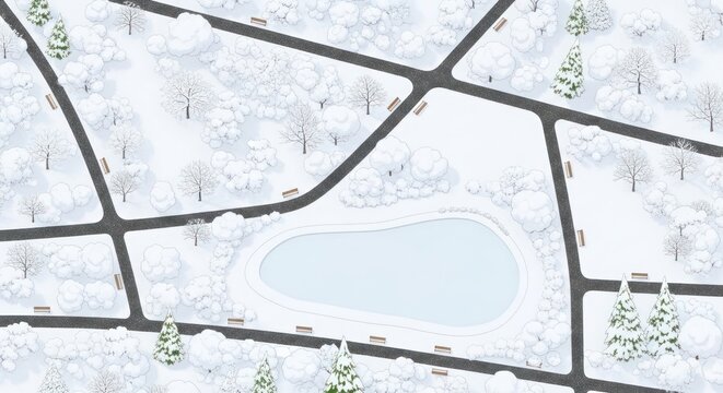 An aerial view of a park in winter with a frozen pond and snow-covered trees.