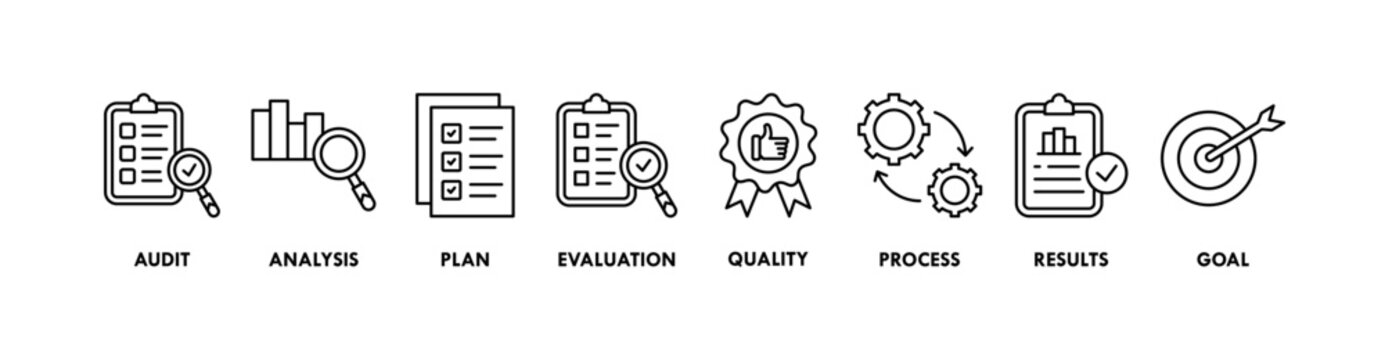 Assessment banner web icon vector illustration for accreditation and evaluation method on business and education with audit, analysis, plan, evaluation, quality,process,results and goal icon