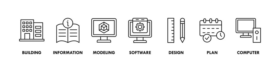 BIM banner web icon vector illustration concept for building information modeling with icon of building, information, modeling, software, design, plan, and computer