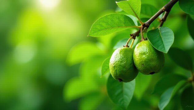 Lush guava tree, vibrant green leaves, ripe fruit , photography, grove, nature