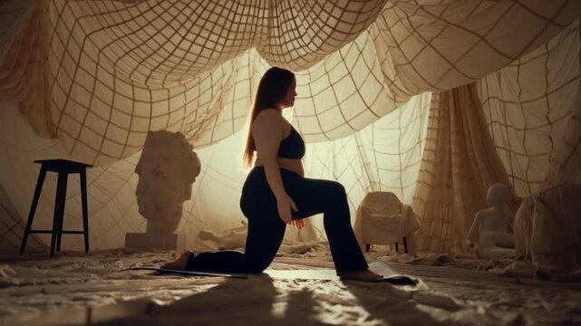 Fitness and yoga for be healthy and active, young overweight woman training. Silhouette of graceful lady in sportswear against bright sun or soffit in studio, physical exercise for stay beautiful