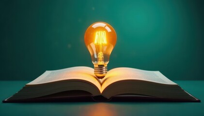 Open book, glowing lightbulb, teal background, illumination, school, wisdom