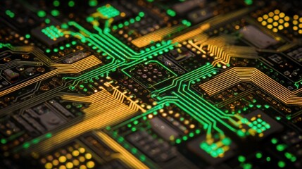 Fototapeta premium Glowing CPU: Microchip Circuit Board with Orange Electronic Traces