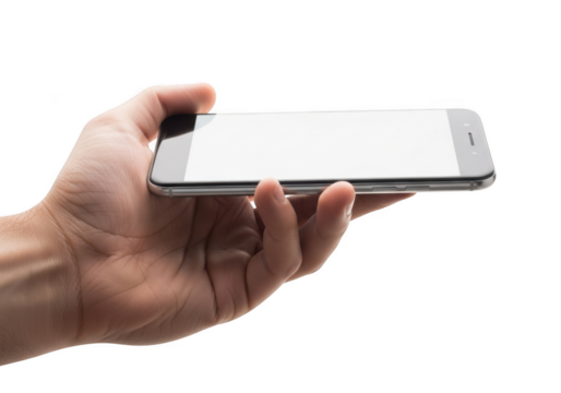 Close-up of hand holding modern smartphone mobile device - technology, communication, and connectivity concept isolated on transparent background