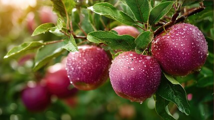 Obraz premium Juicy Red Apples Glistening with Morning Dew Hanging from a Branch