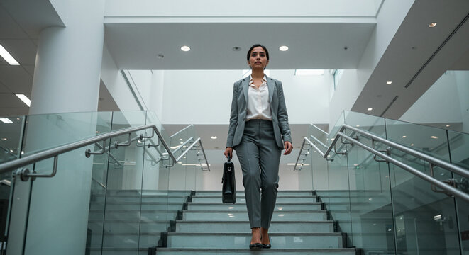 Corporate woman walking down stairs in modern office environment  