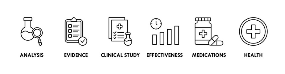 Obraz premium Clinical research banner web icon vector illustration concept with icon of analysis, evidence, clinical study, effectiveness, medications and health