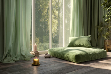 Peaceful green interior with soft natural light, floor cushion, and glowing candles.