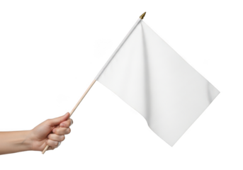 Blank white flag waving in hand mockup sign symbol protest surrender victory clean template object isolated on transparent background