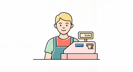 Young adult smiling at cash register in a minimalistic style  