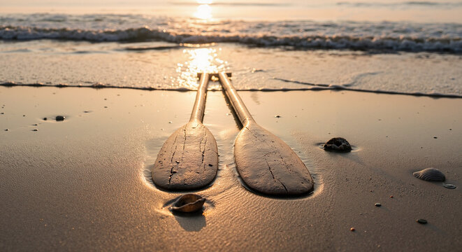 Two wooden oars laid side by side on wet sand at sunset in Belize  