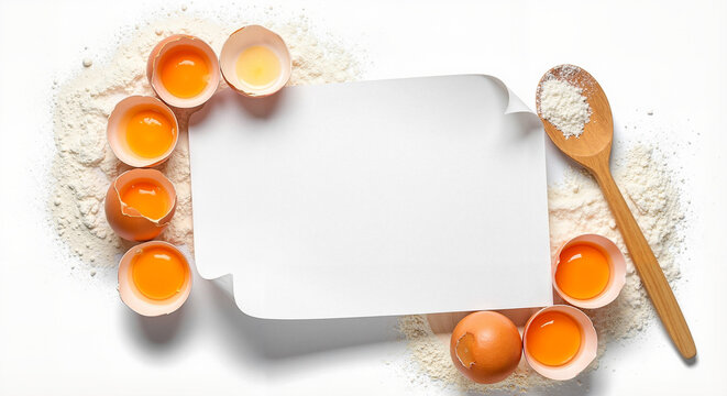 Baking elements with flour, eggshells, spoon forming border around paper  