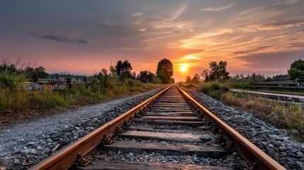 Fototapeta premium Railway tracks lead towards a glowing sunset in a tranquil valley with mountains.