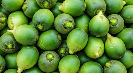 Abundant Pile of Fresh Green Radishes, Close-up Top View