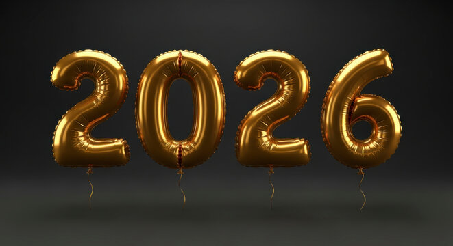 Inflated metallic golden foil balloon figures spelling out the number 2026 floating on a dark gray background - Powered by Adobe