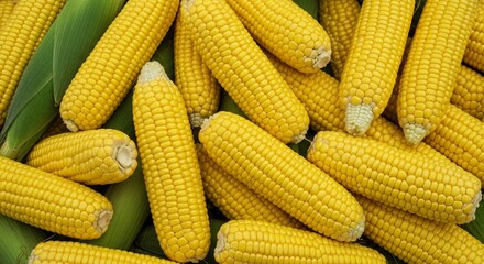 Abundant Fresh Yellow Corn Cobs with Green Leaves Background