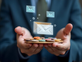 Businessman hands apply label color palette to emails, category chips animate, tidy minimal system, elegant productivity