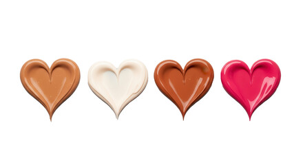 Four swatches of liquid foundation or cosmetic cream in diverse skin tones and a bright pink color shaped into hearts, isolated on a transparent background