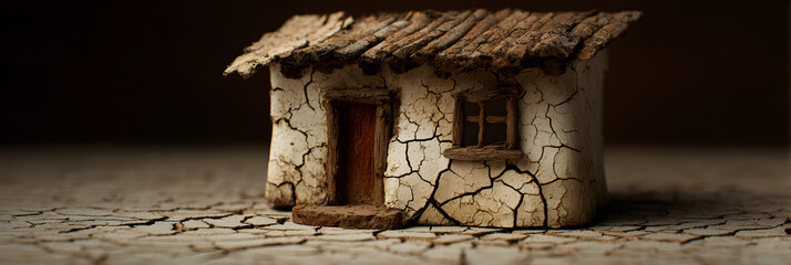 Cracked miniature clay house evokes fragile impermanence, symbolizing Ephemeral Week and World Habitat Day's poignant reflections