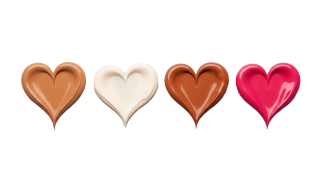 Four swatches of liquid foundation or cosmetic cream in diverse skin tones and a bright pink color shaped into hearts, isolated on a transparent background