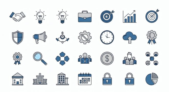 A comprehensive collection of blue and gray line icons representing business strategy, financial management, and corporate concepts