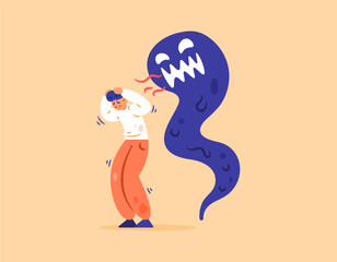 The concept of schizophrenia. Mental health disorders. Hallucinations, delusions, and mental confusion. Illustration of a man feeling scared and anxious, afraid of the shadow of a monster. Flat style