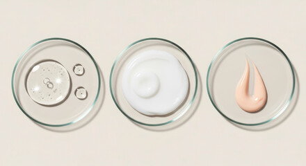 Three glass petri dishes containing swatches of clear gel, white cream, and beige lotion on a neutral light background