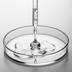 Close-up of clear viscous gel being dispensed from a glass pipette into a petri dish with bubbles on a light gray surface