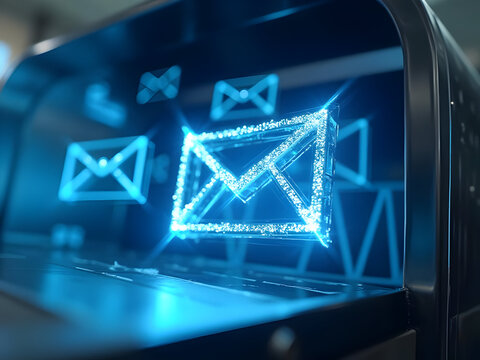Close‑up: inbox counter flips upward as new mail arrives, envelope glyphs, cool blue refractions, crisp aluminum chassis