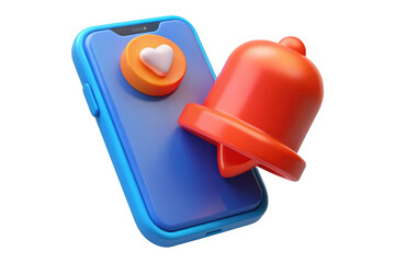 3d rendered blue smartphone with heart notification and red bell alert icon for social media app isolated on transparent background