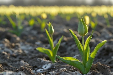vibrant field of tulips emerging from once-frozen soil