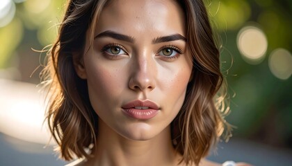 Close-up of a fair-skinned woman with short brown wavy hair, hazel eyes, and a neutral expression, outdoors with bokeh background