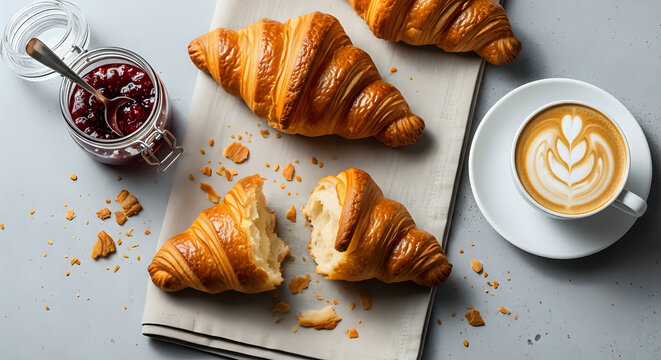 Freshly baked golden croissants with berry jam and a cappuccino for breakfast.