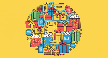 A vibrant collage of colorful gift boxes and shopping bags arranged in a circular pattern against a bright yellow background, evoking a festive shopping atmosphere