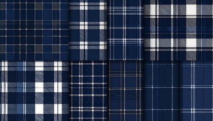 Assortment of digitally created plaid patterns in varying designs. These geometric arrangements are rendered using a dark blue color scheme