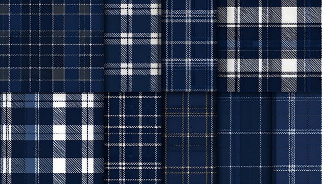Assortment of digitally created plaid patterns in varying designs. These geometric arrangements are rendered using a dark blue color scheme