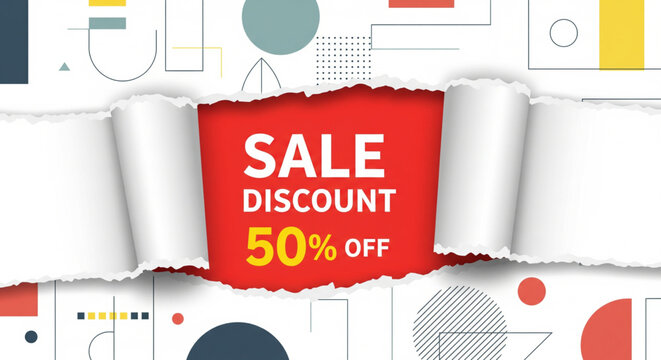 Torn Paper Sale Discount Announcement with Abstract Shapes