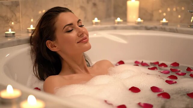 Woman relaxing in bubble bath with rose petals and candles  