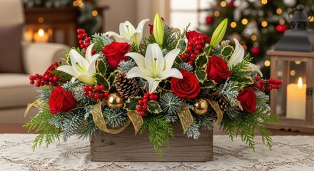 A festive Christmas floral arrangement sits on a table with a decorated tree in the background.