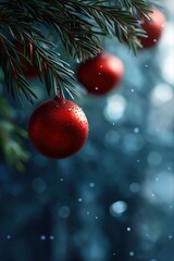 Red christmas ornaments hanging on snowy pine branches in winter wonderland