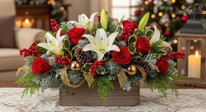 A festive Christmas floral arrangement sits on a table with a decorated tree in the background.