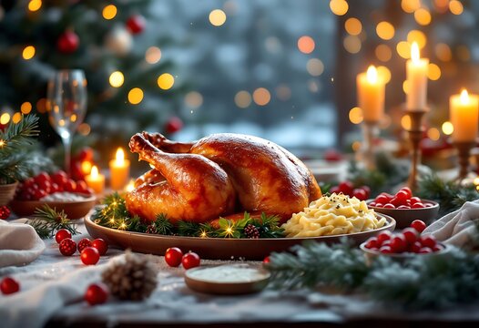 Large turkey is on a plate with mashed potatoes and gravy. Graphic, photo, vector, images, illustration, art, design, clipart, abstract, digital, tshirt, pattern, mockup, stock