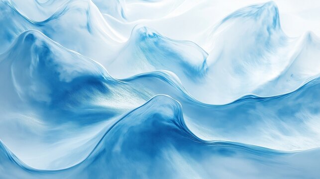 Abstract blue and white background with flowing waves of liquid glass creating elegant fluid design resembling water ripples