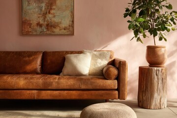 Cozy living room with a warm brown leather sofa plush pillows and a potted plant on a rustic wooden stool bathed in soft sunlight