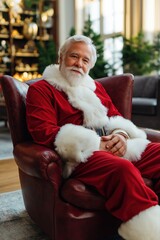 Obraz premium Mature caucasian male in santa suit relaxing in cozy chair with festive background