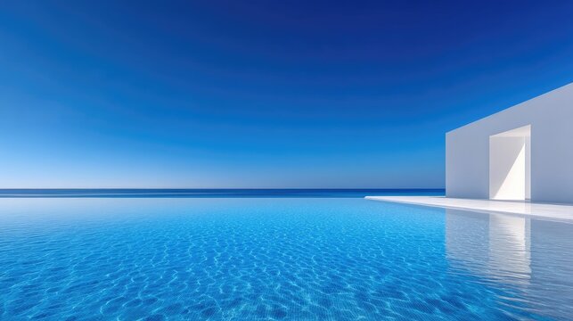 Modern White Building With An Infinity Pool Reflecting The Bright Blue Sky And Ocean Horizon On A Sunny Day