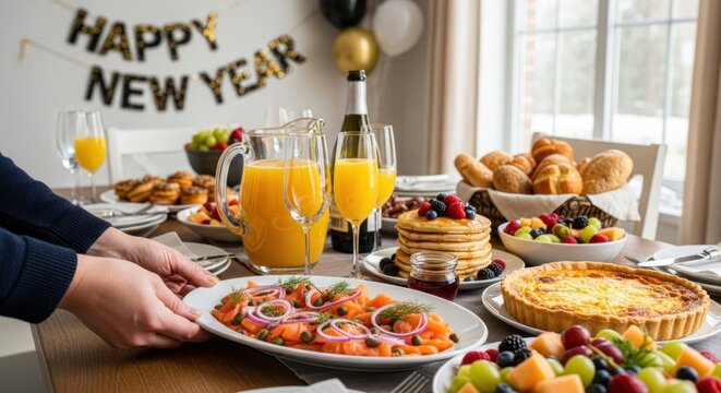 A festive New Year's Day brunch spread is artfully arranged on a table.