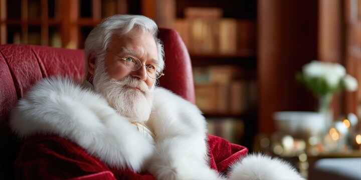 Jolly caucasian mature male in red suit relaxing in cozy library
